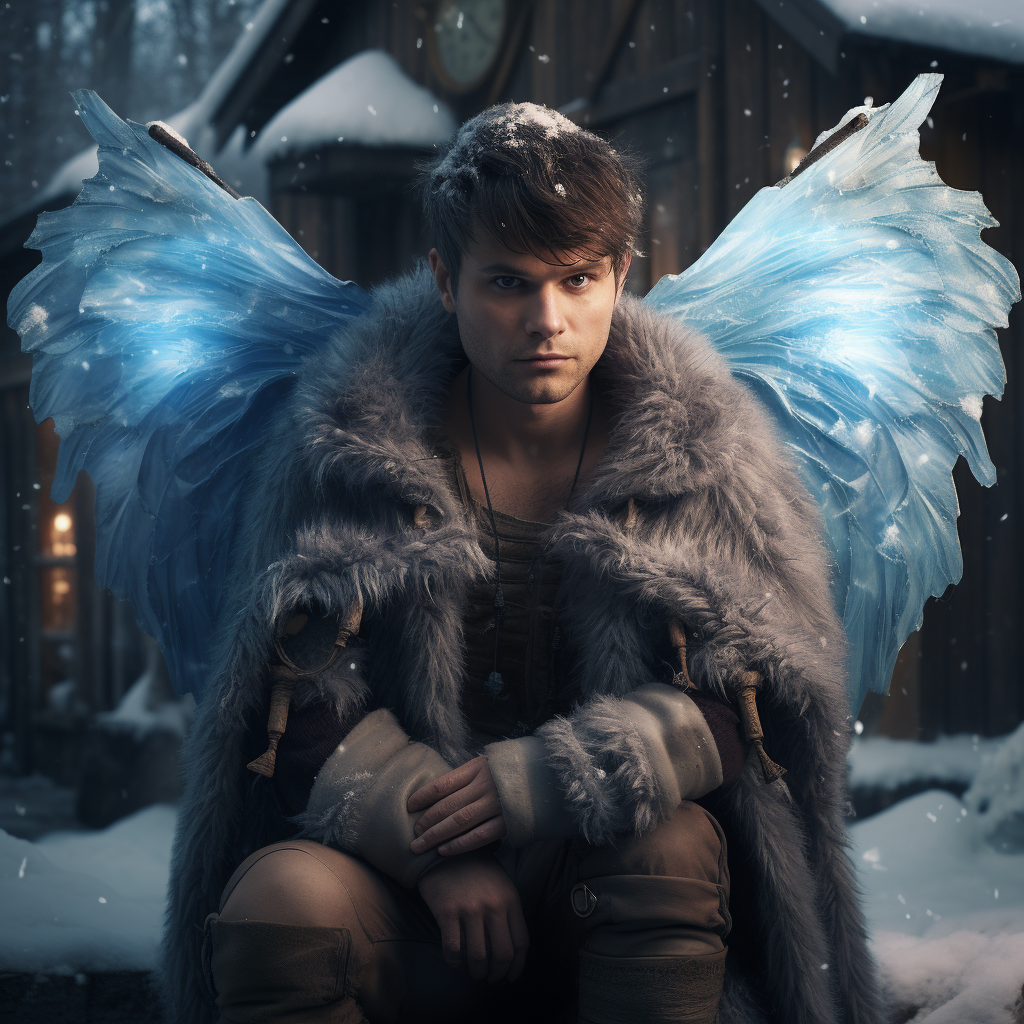 Male fairy with blue butterfly wings in winter village