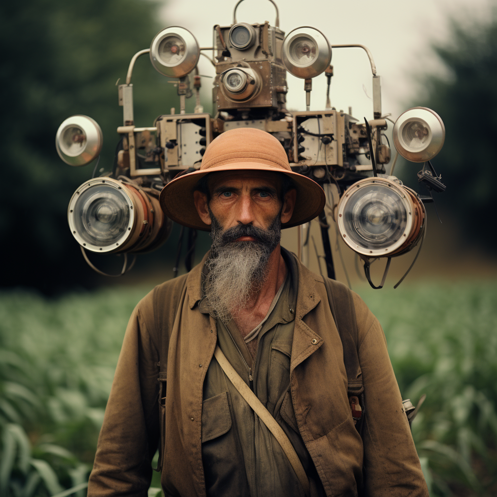 Male farmer using futuristic movie camera in Paris