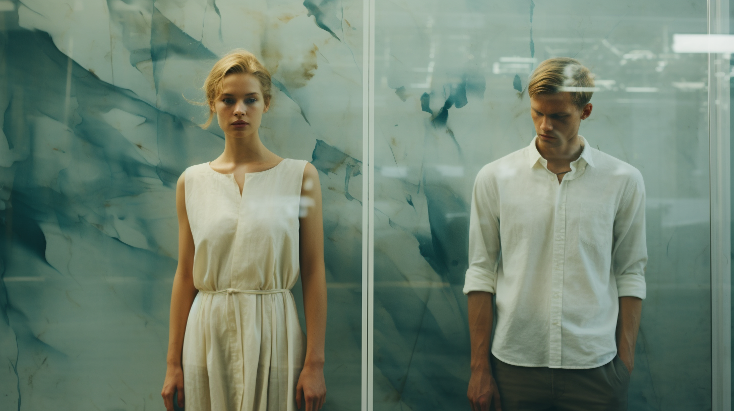 Male and female painters leaning on a glass wall