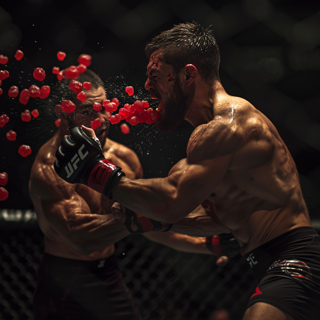 Professional male UFC fighter hitting opponent gummy bears