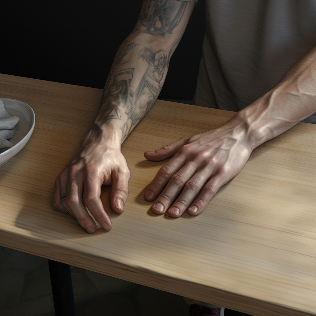 Male forearm resting on table