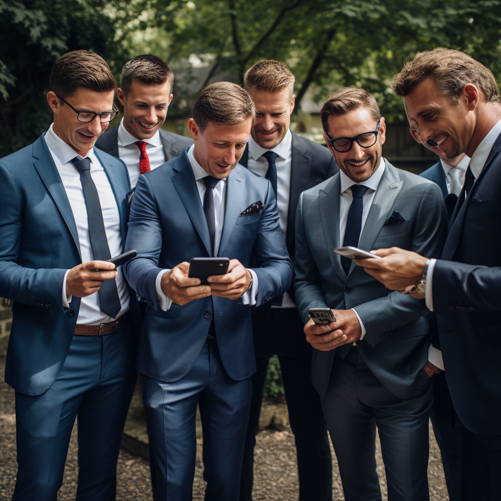 Group of male friends checking smartphone at a formal wedding