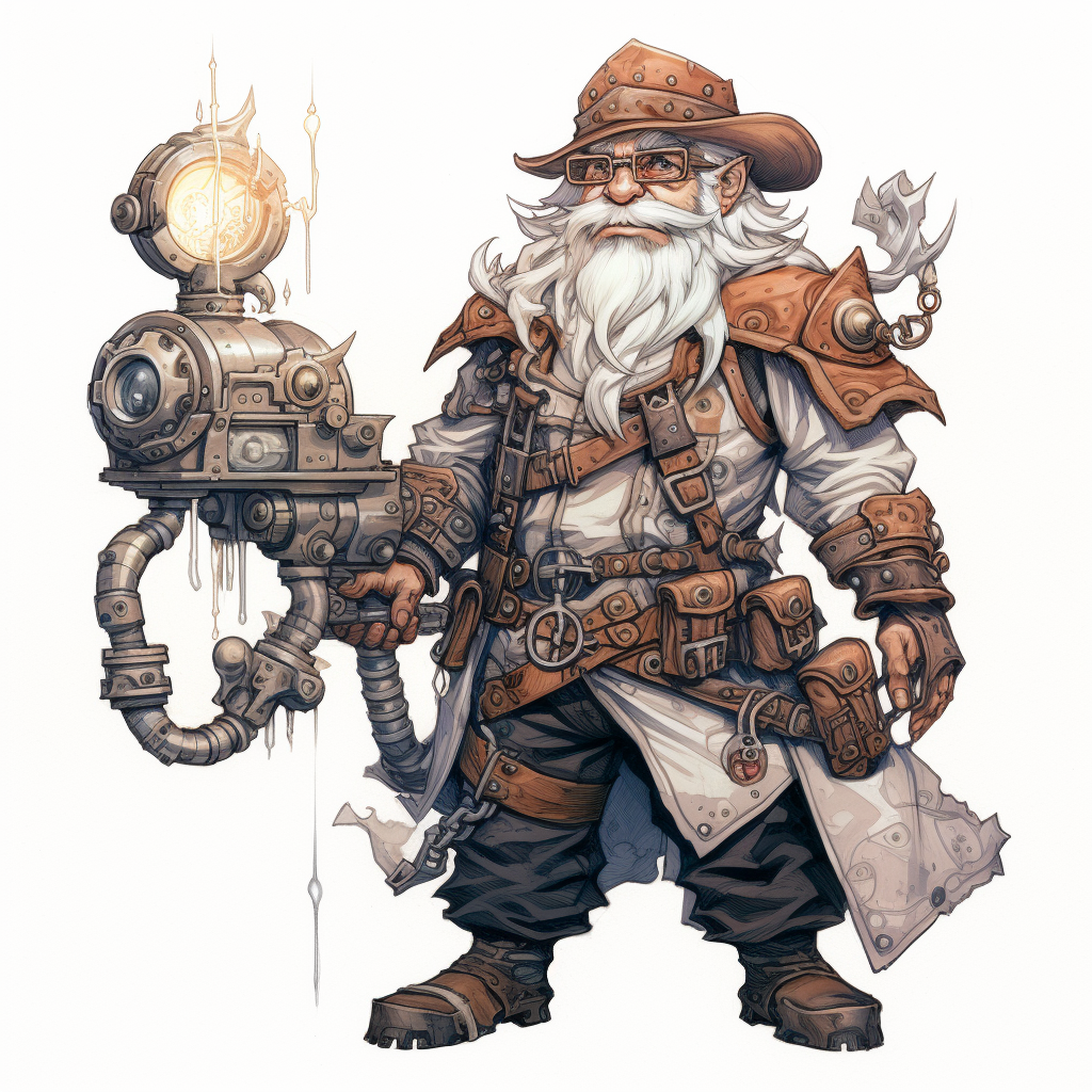 Silly and friendly male gnome artificer with clockwork blunderbuss