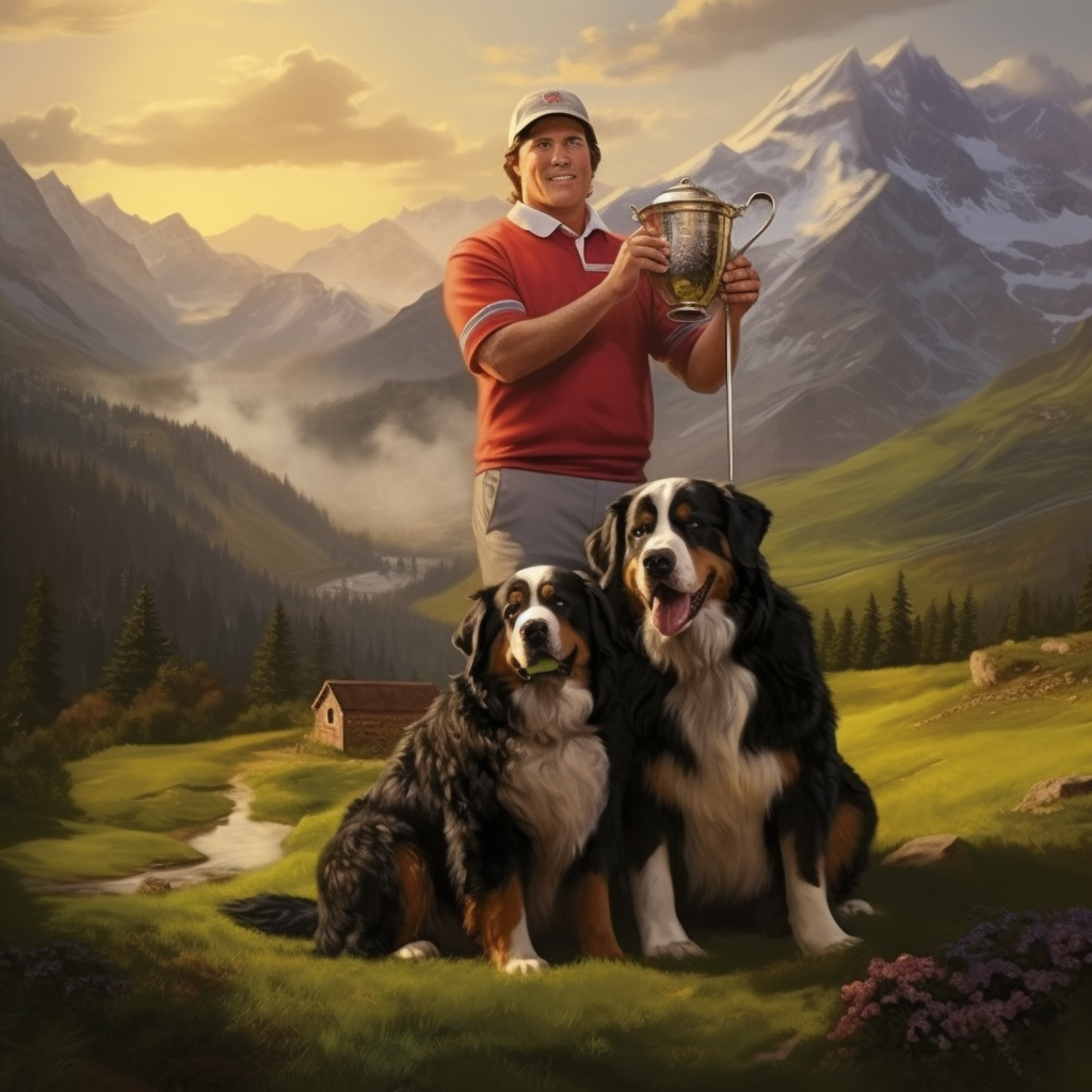 Older male golfer with championship cup and Bernese dog