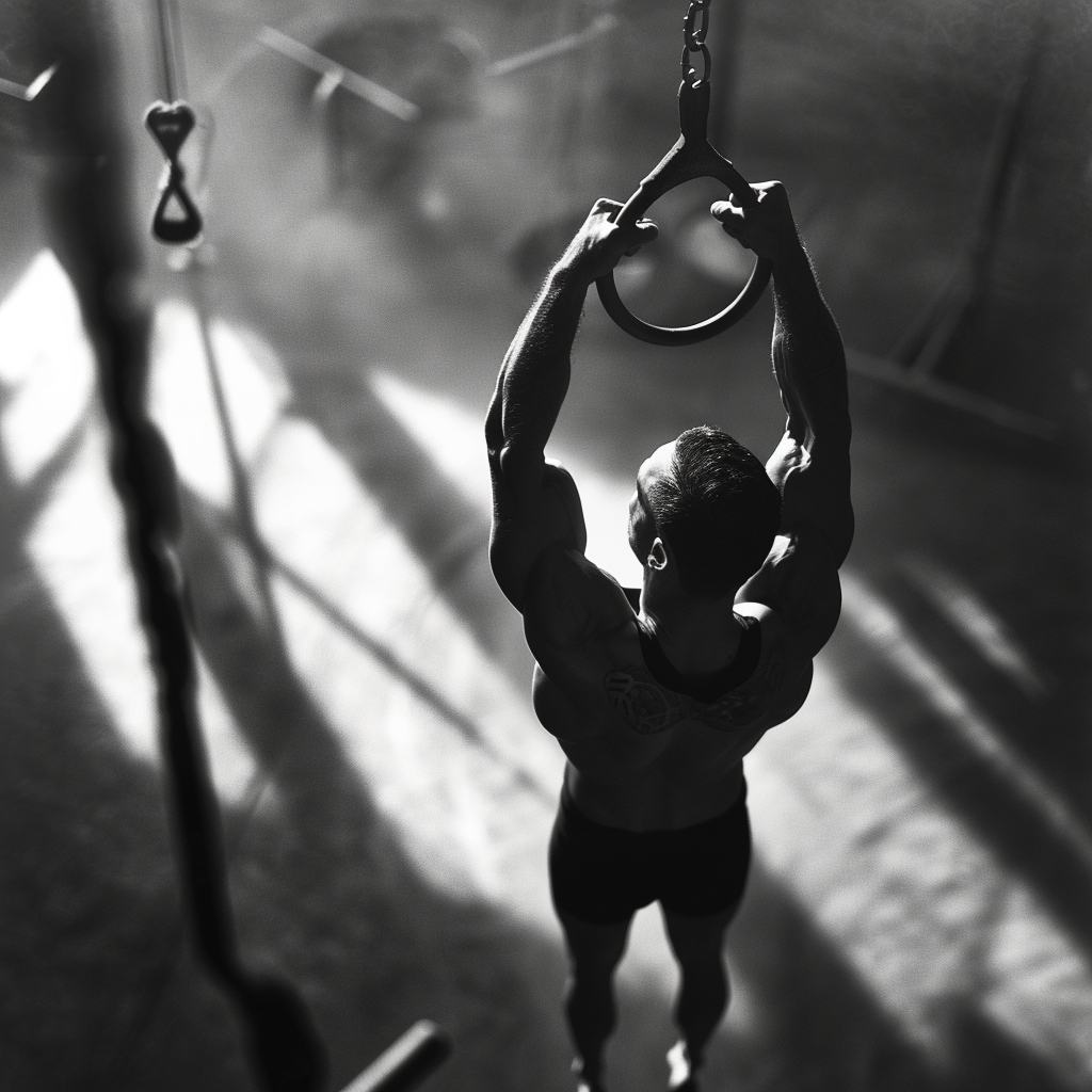 Monochrome photo of male gymnast on rings