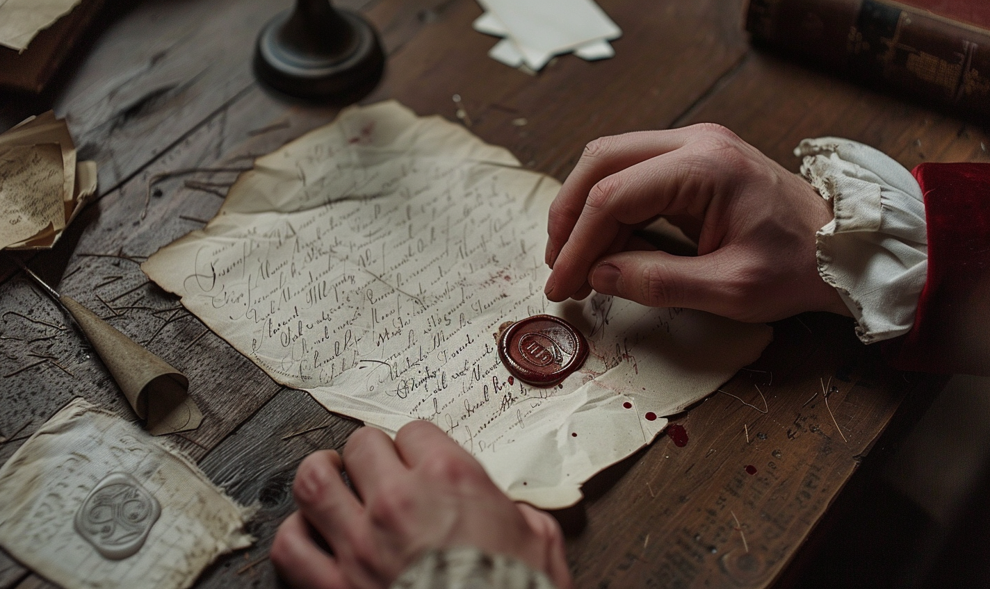 Hands sealing parchment letter with wax