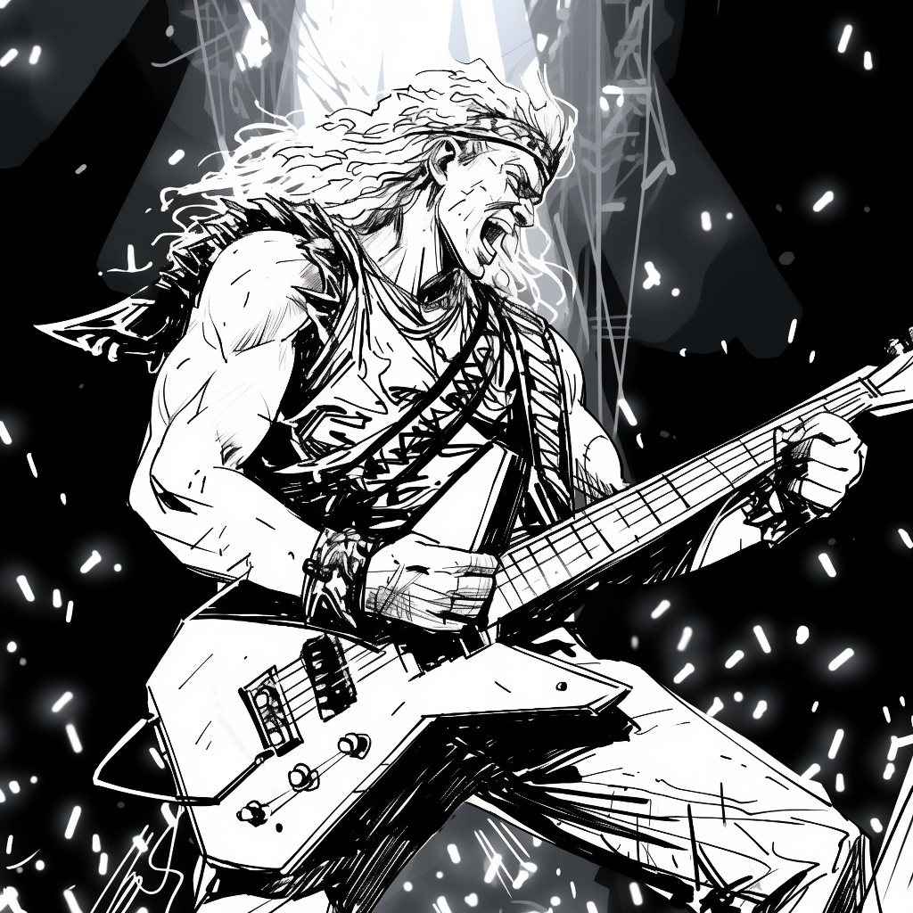 Black and white line art drawing of a male heavy metal guitarist