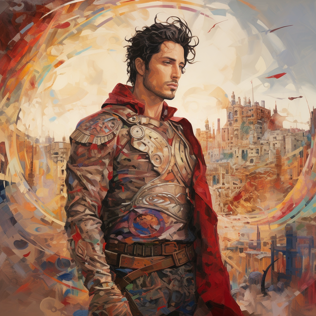 Vibrant artwork of a male hero painted with oil