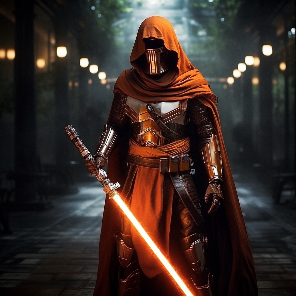 Male Jedi with Orange Lightsaber in Armor