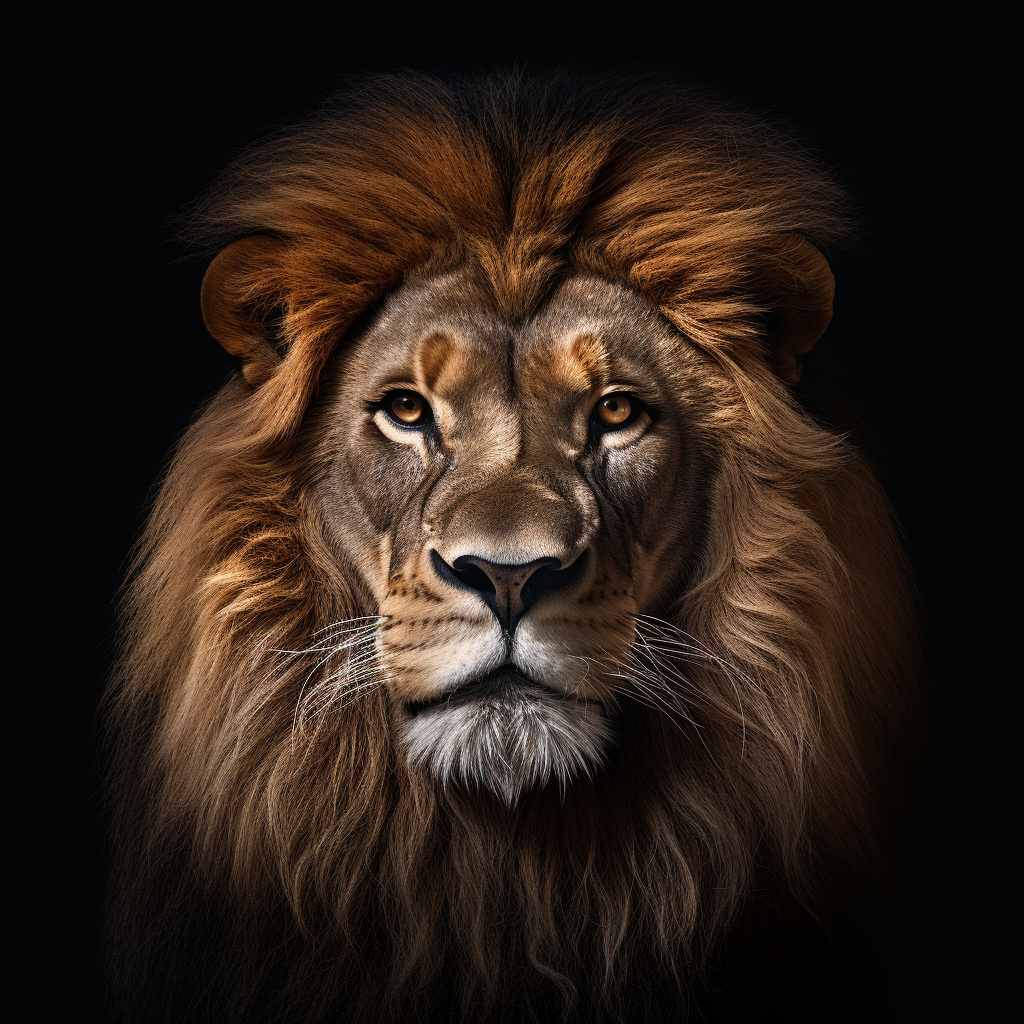 Majestic male lion head with black background