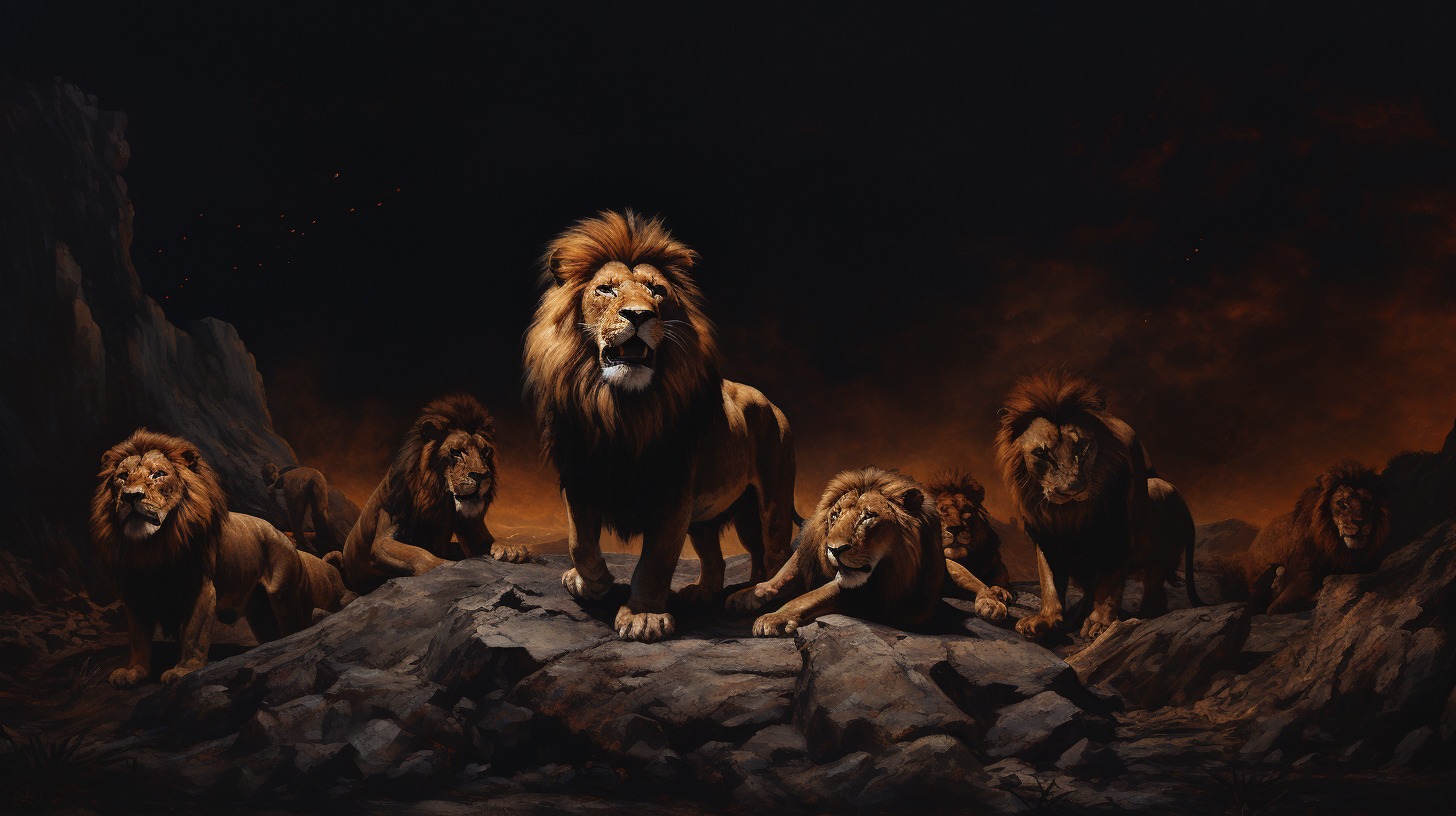 Group of male lions meeting at night