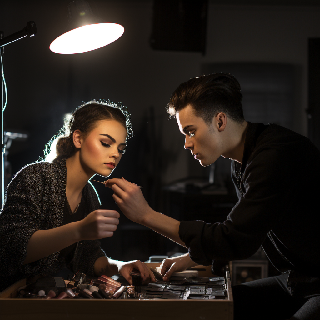 Male makeup artist applying makeup on model in studio