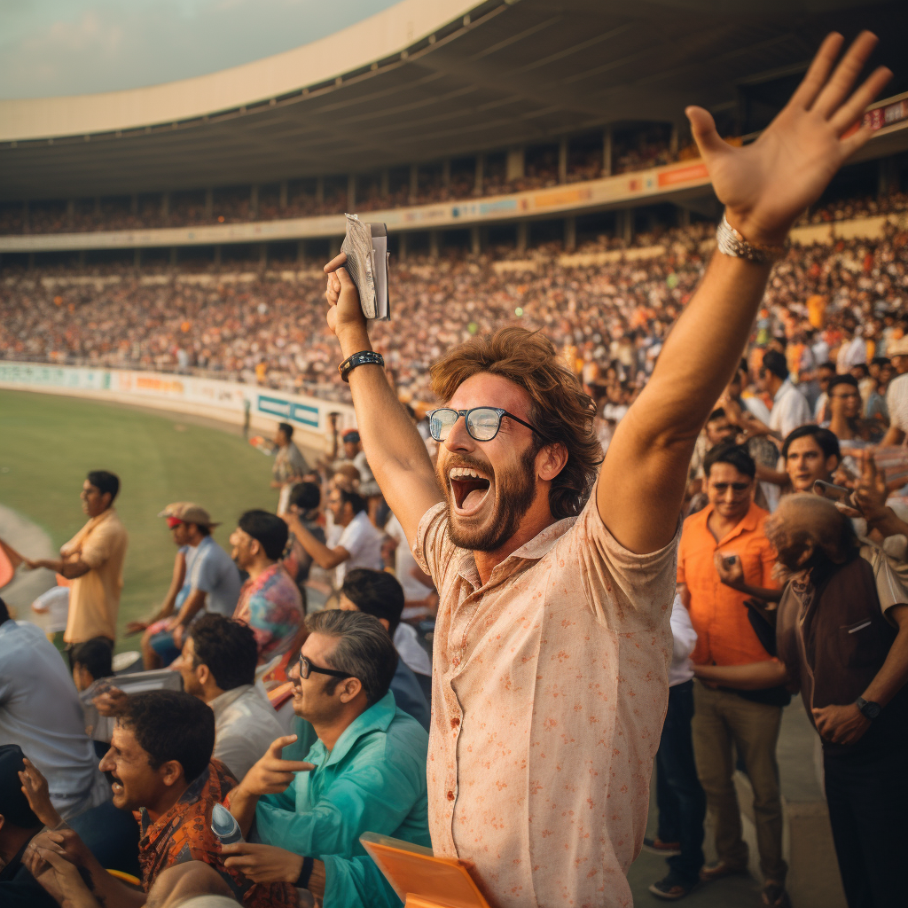 Excited male model cheers with cricket stadium crowd