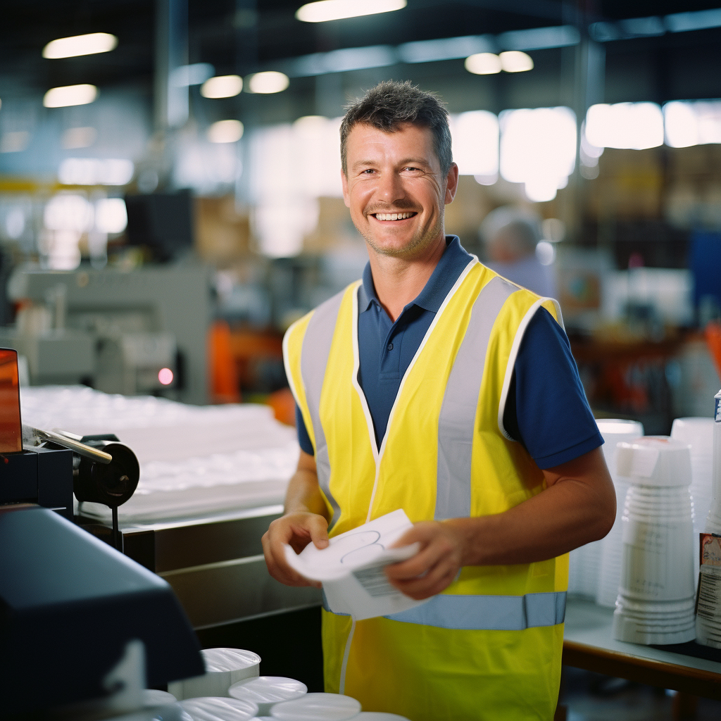 Male operating coffee mug wrapping machine