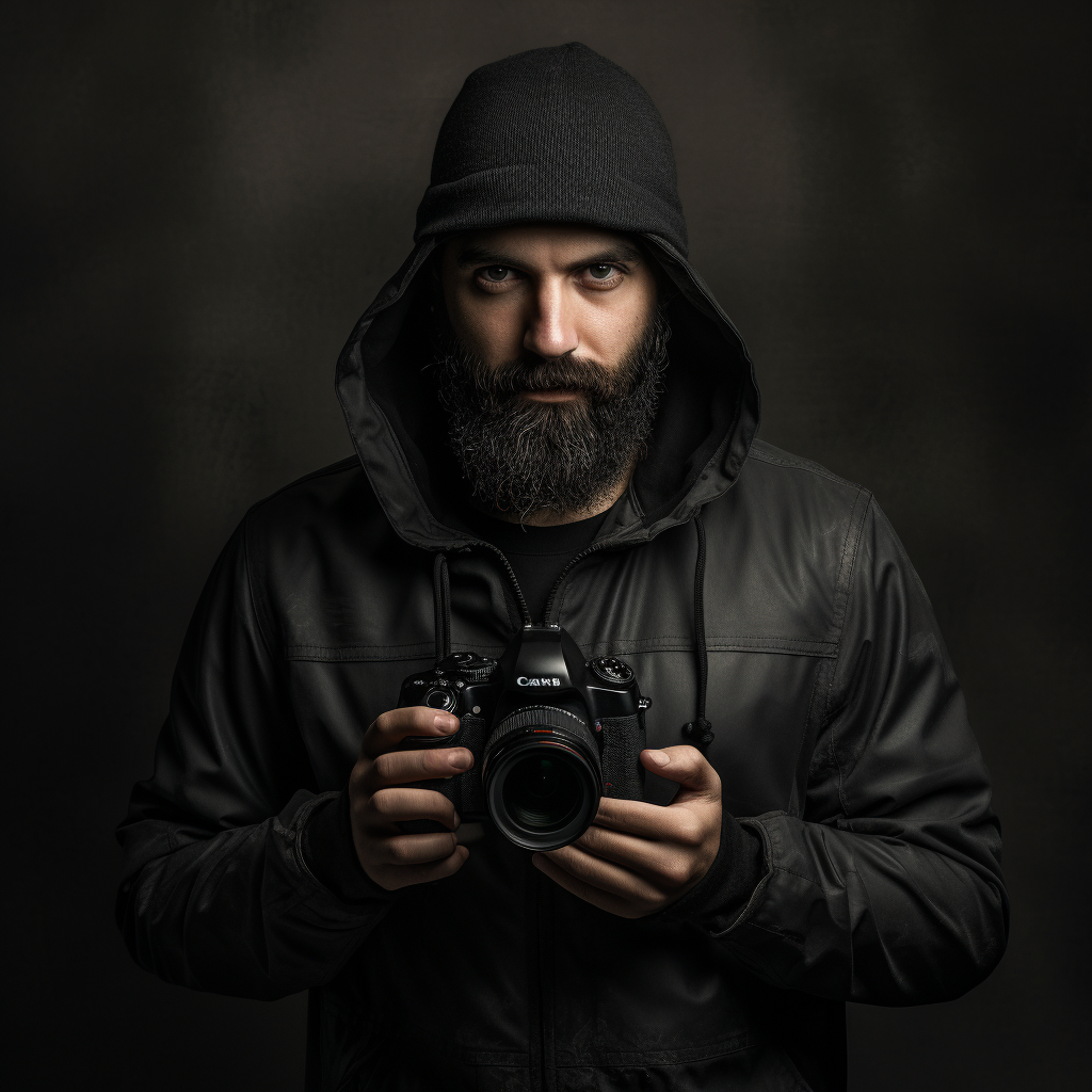 Bearded Photographer in Black Cap and Jacket