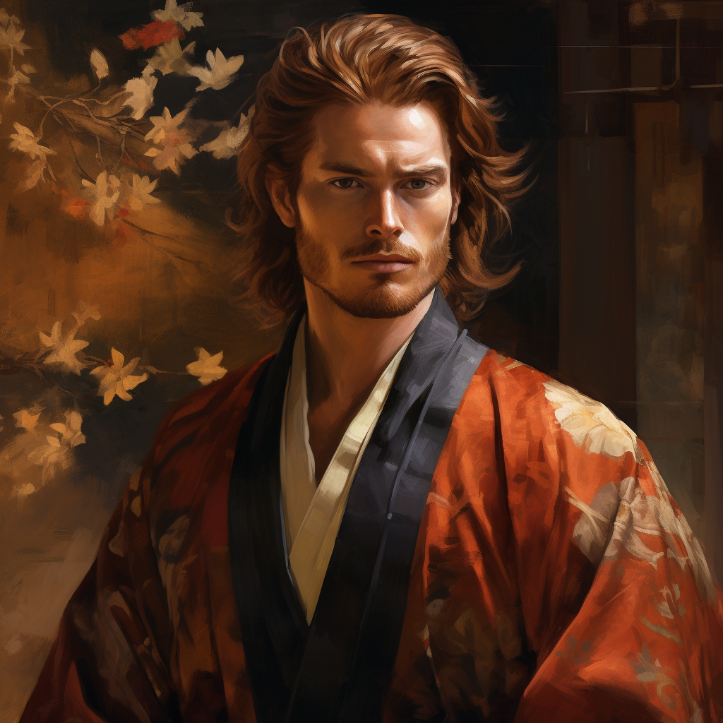 Senior Male Samurai Courtier with Auburn Hair and Golden Kimono