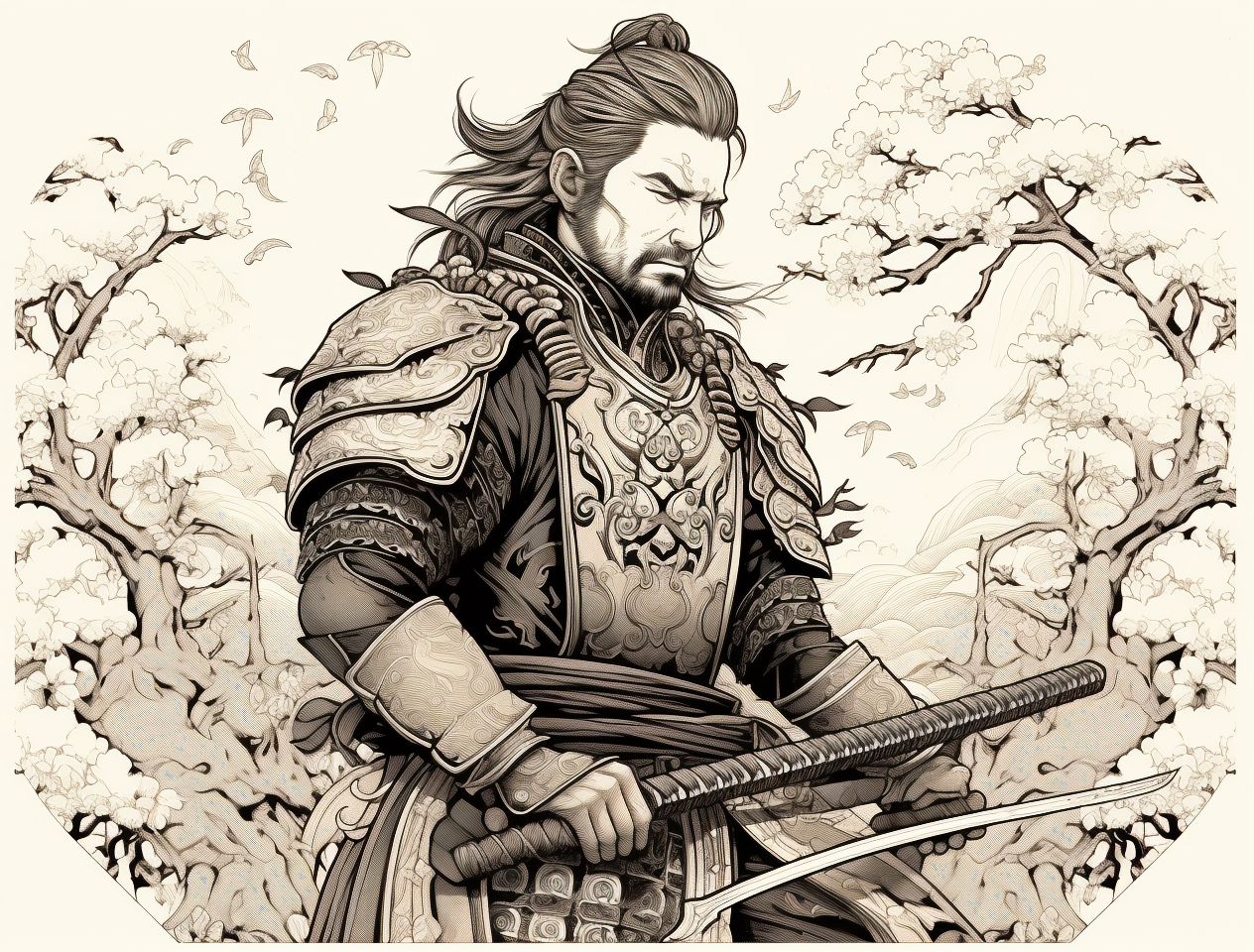 Detailed male samurai in tattoo-style art