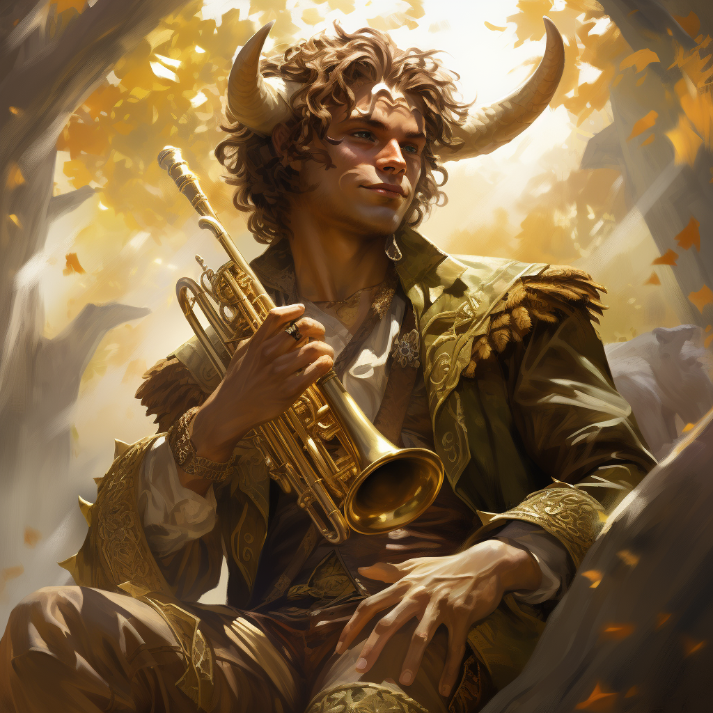 Male Satyr Playing French Horn Outdoors