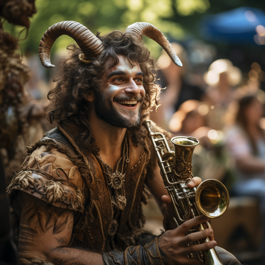 Male Satyr Playing French Horn Outdoors