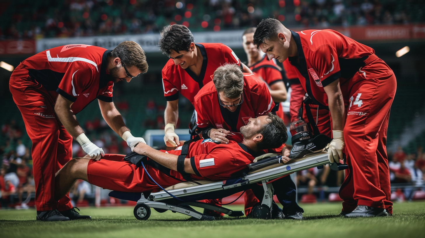 Male soccer player assisted by medics