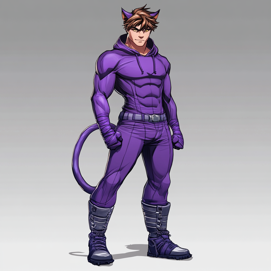 Charismatic male superhero in purple and blue suit