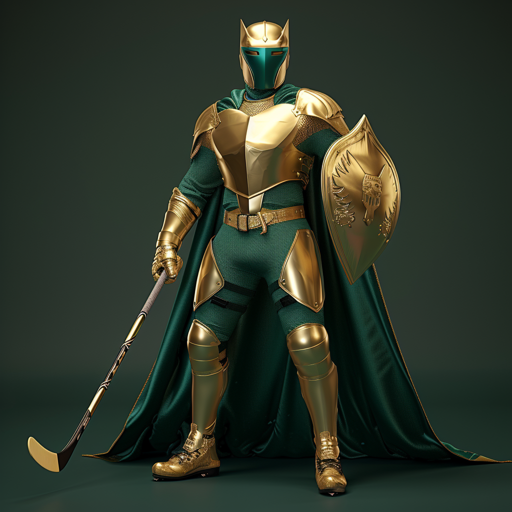 Male superhero in green costume and gold knight helmet