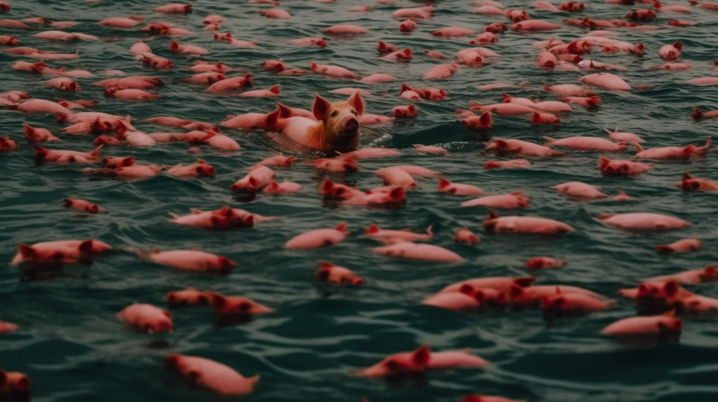 A male swimming in an ocean of red pig meat