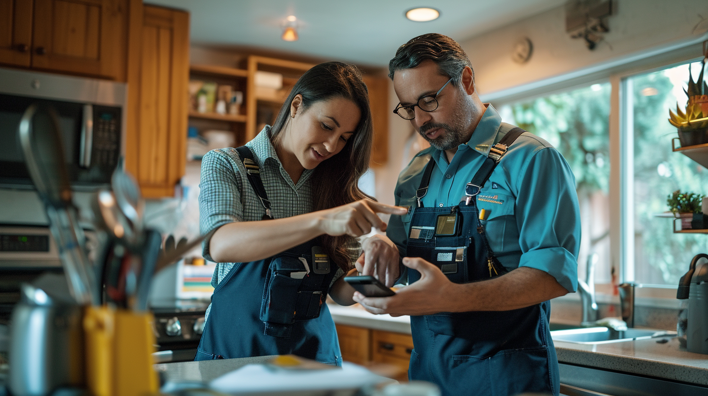 Male technician pointing to customer's phone