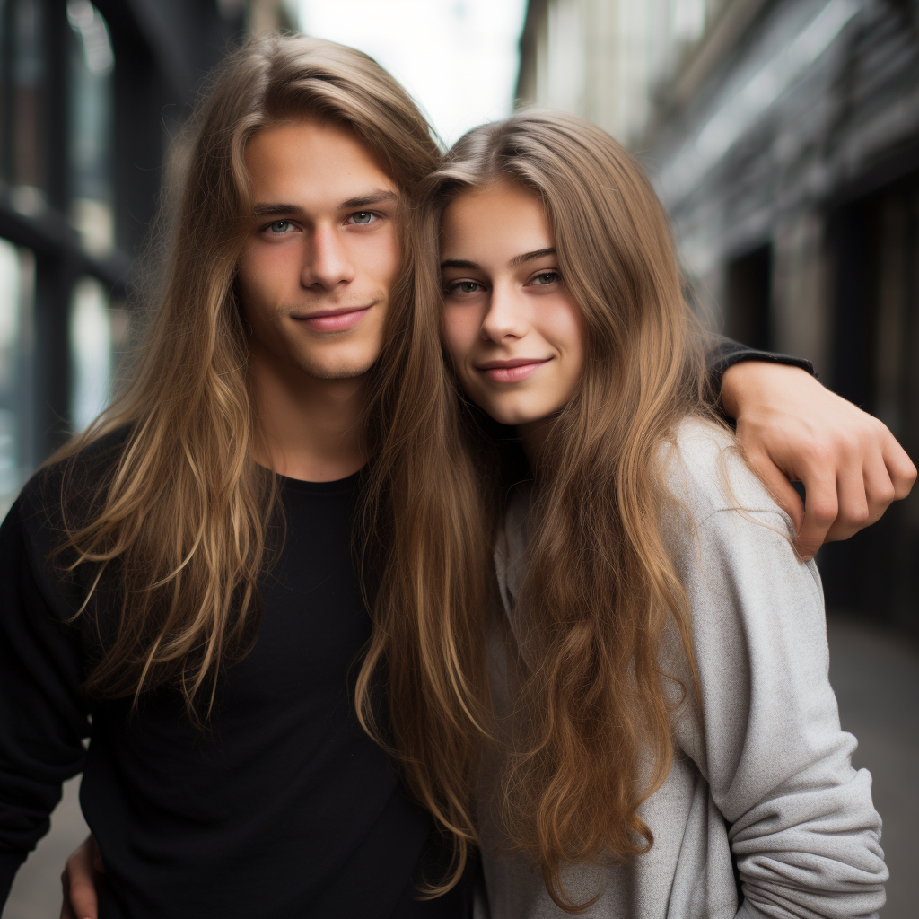 Smiling Male Teenager with Long Hair and Girl