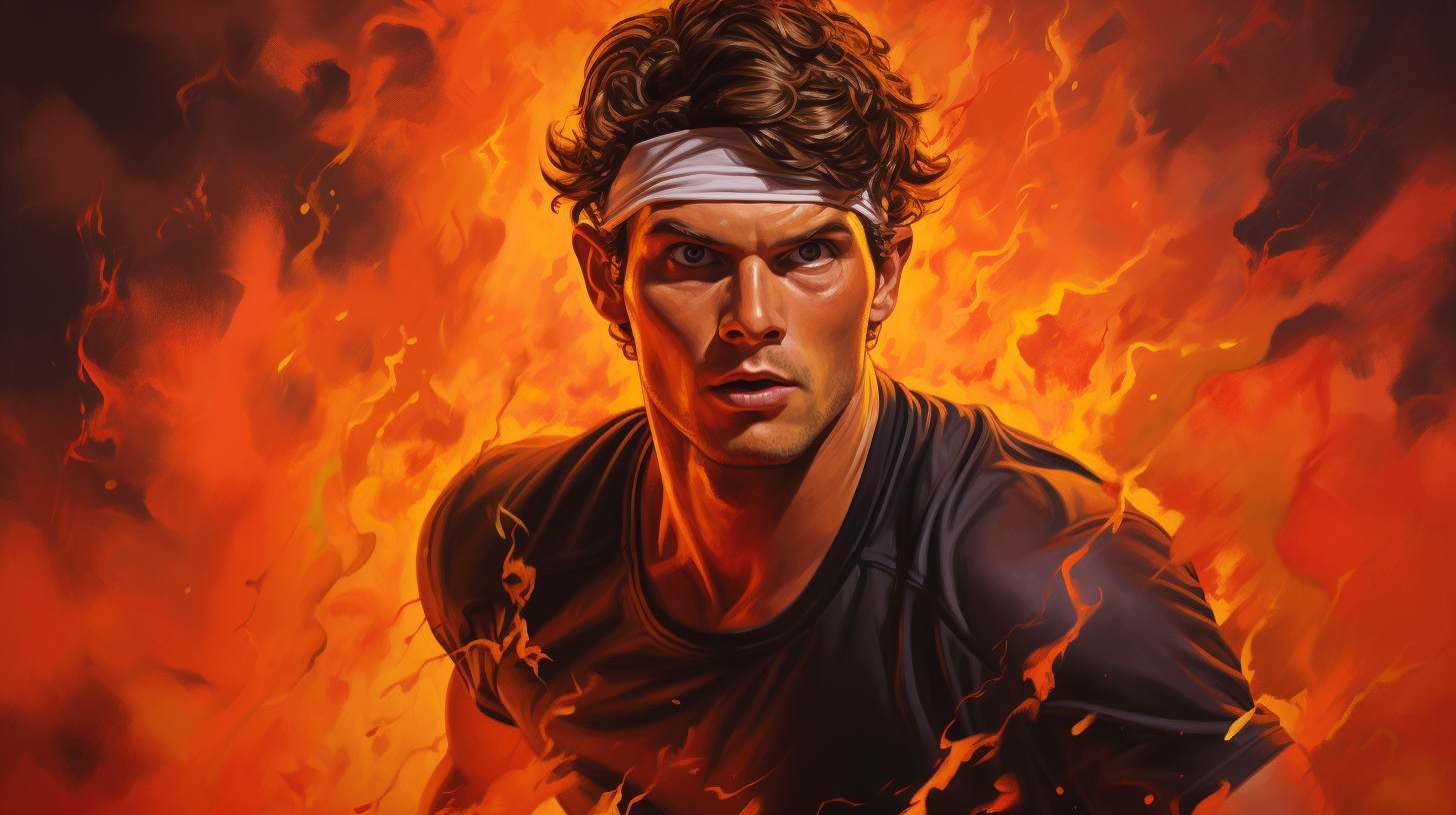 Tennis player in black outfit on fiery background