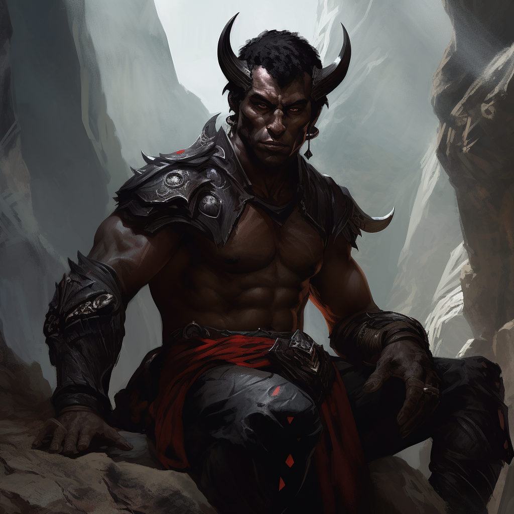 Male Tiefling Gladiator splitting black rocks