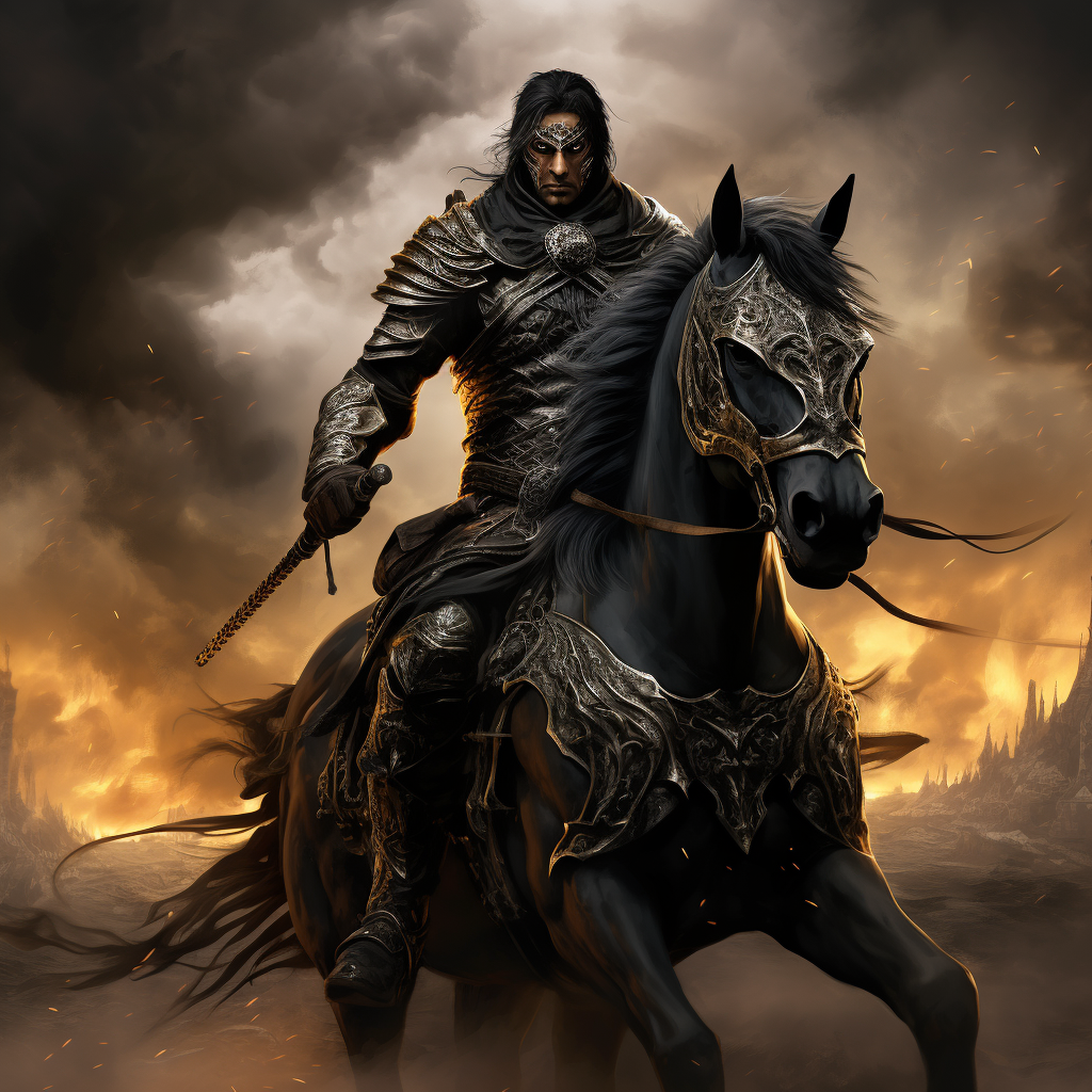 Male Wander riding black horse in black leather amour