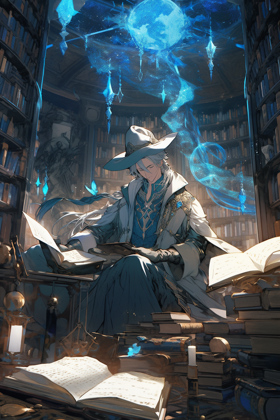 Male wizard researching and scribing spells