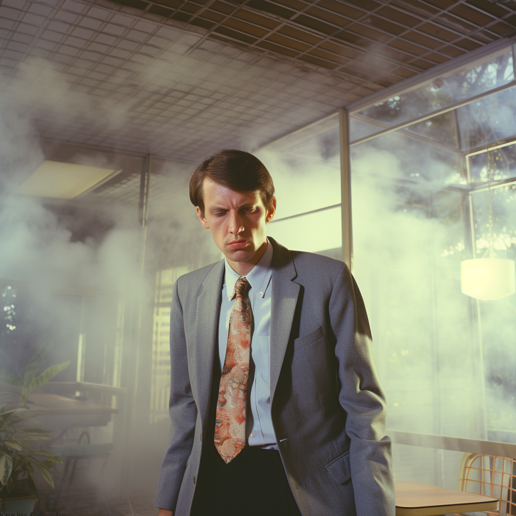 Male office worker evaporating into psychedelic mist