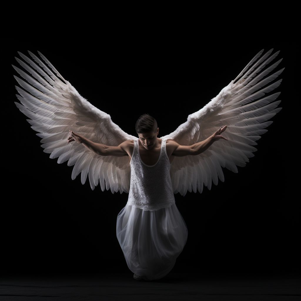 Male angel with spread wings hovering on black background