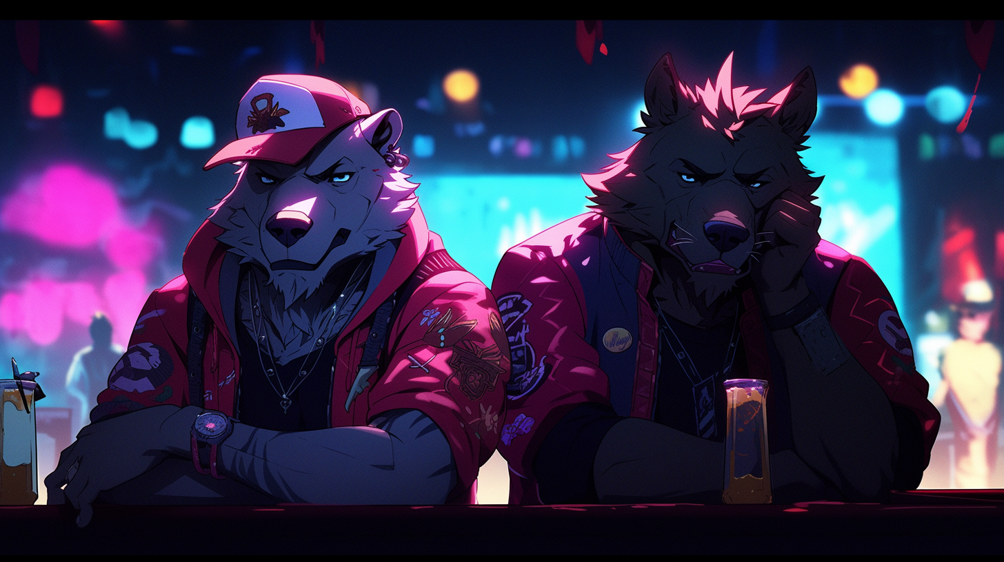 Two fashionable male anthropomorphic animals at nightclub