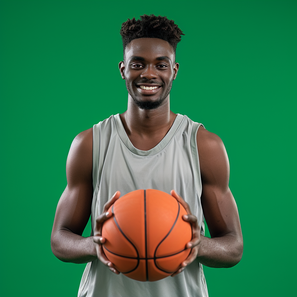 College basketball player posing with basketball