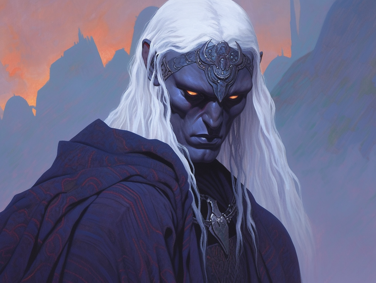 Striking oil painting of male dark drow