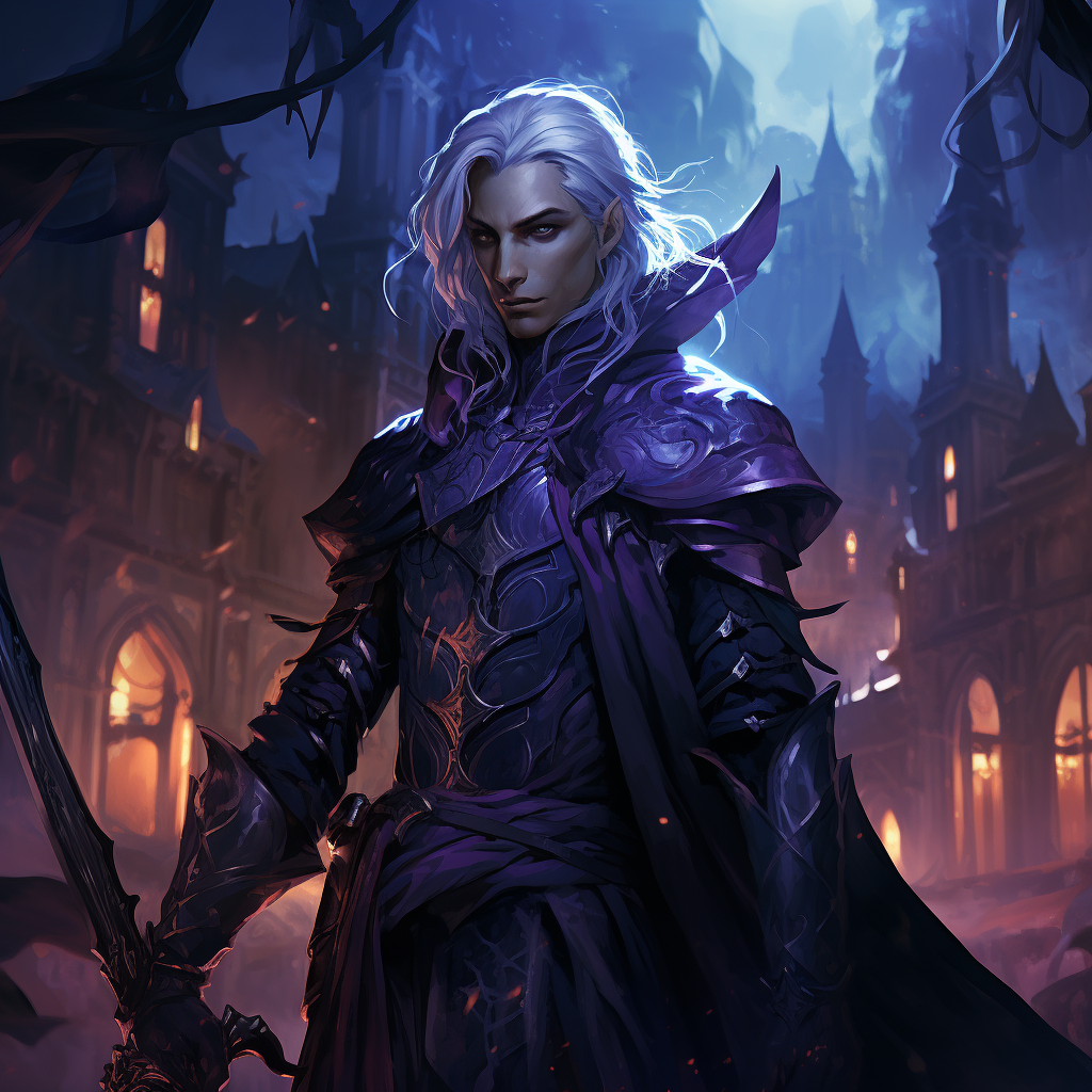 Male Drow Elf in Gothic City at Night .