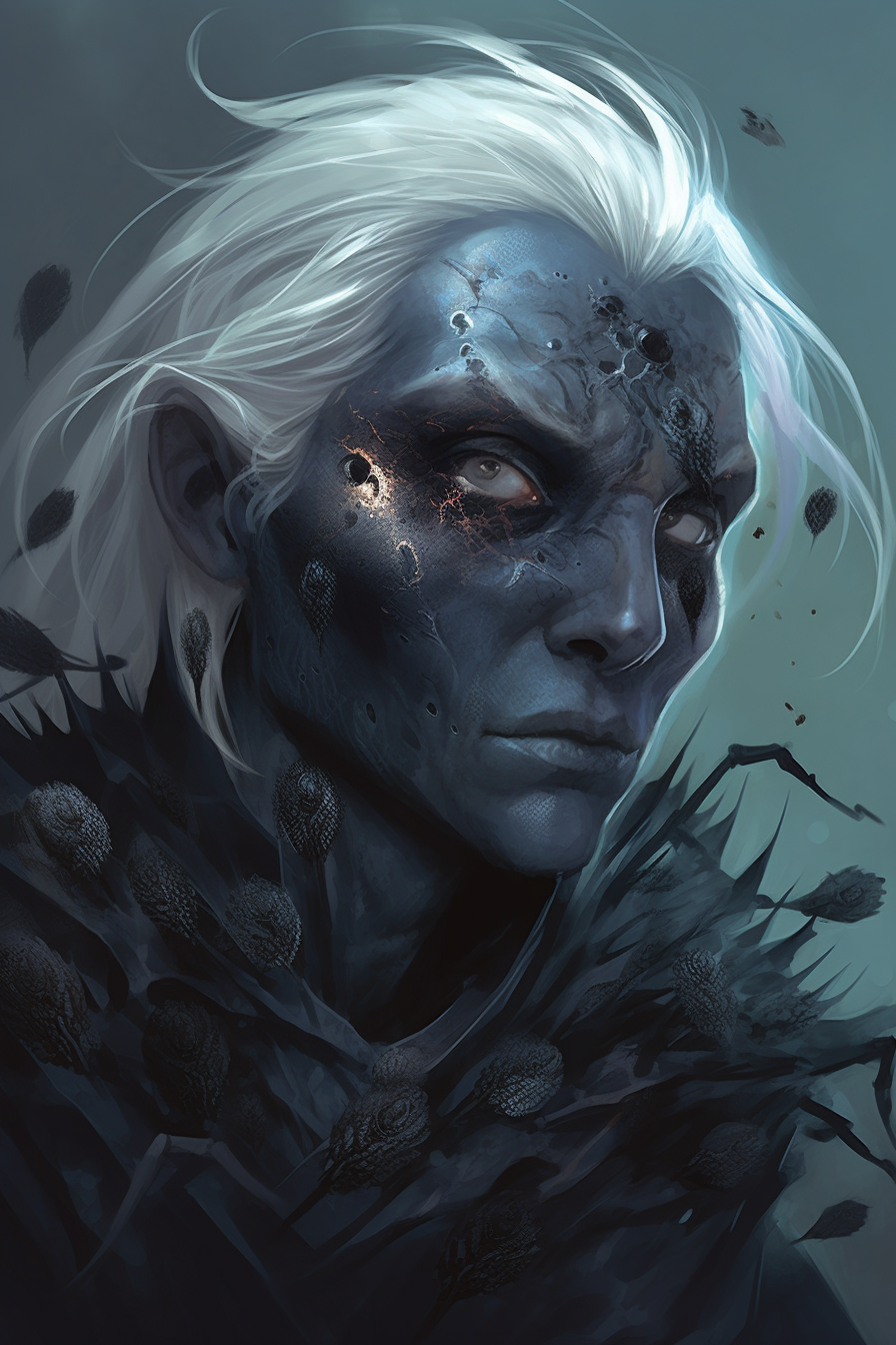 Detailed portrait of male Drow with spider eyes and mandibles