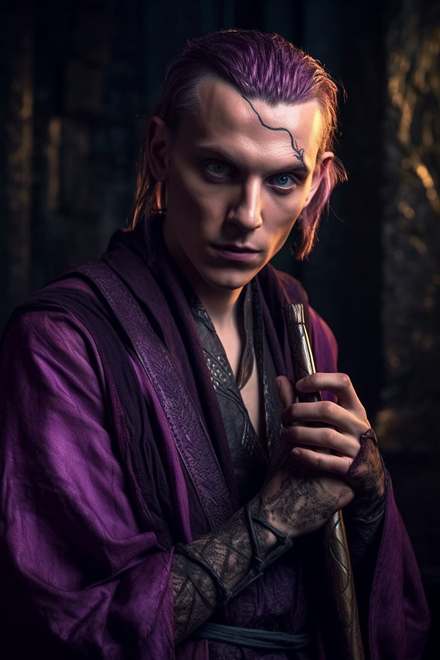 Male Elf in Purple Robes with Mage Sword