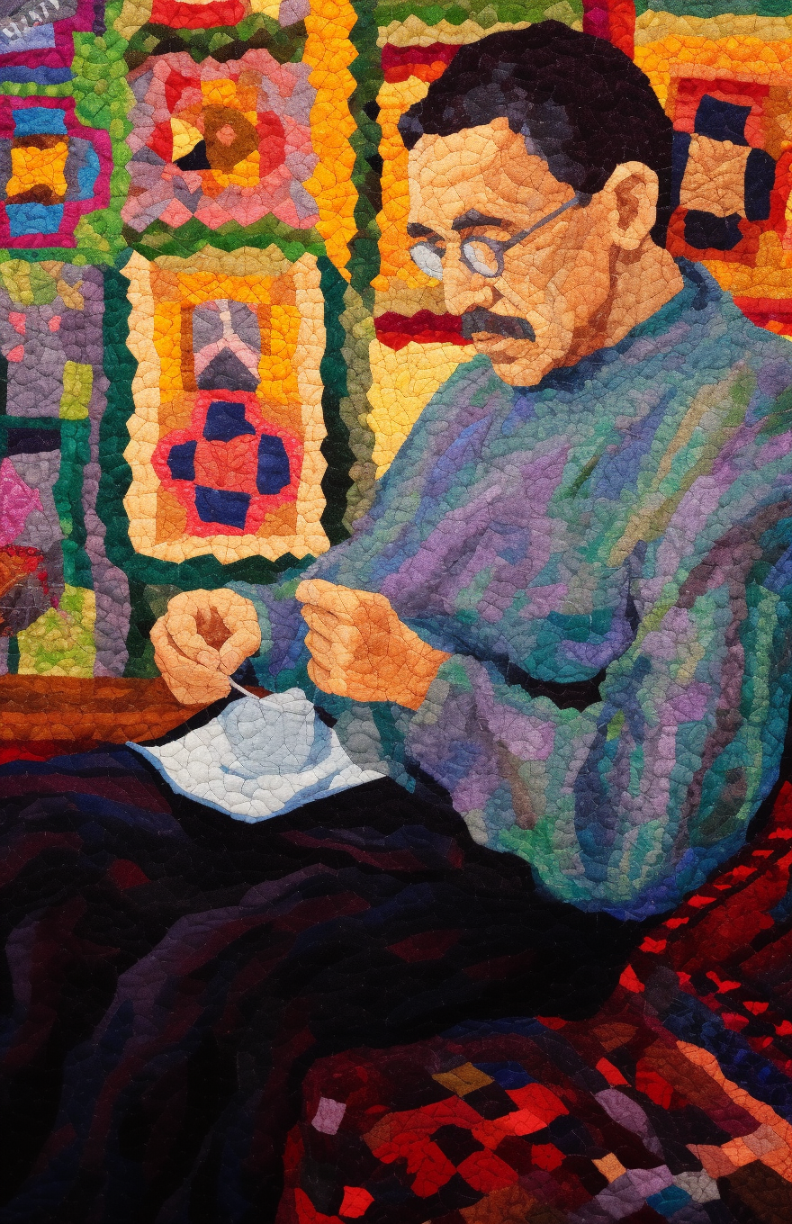 Male Figure Crocheting Granny Square Art