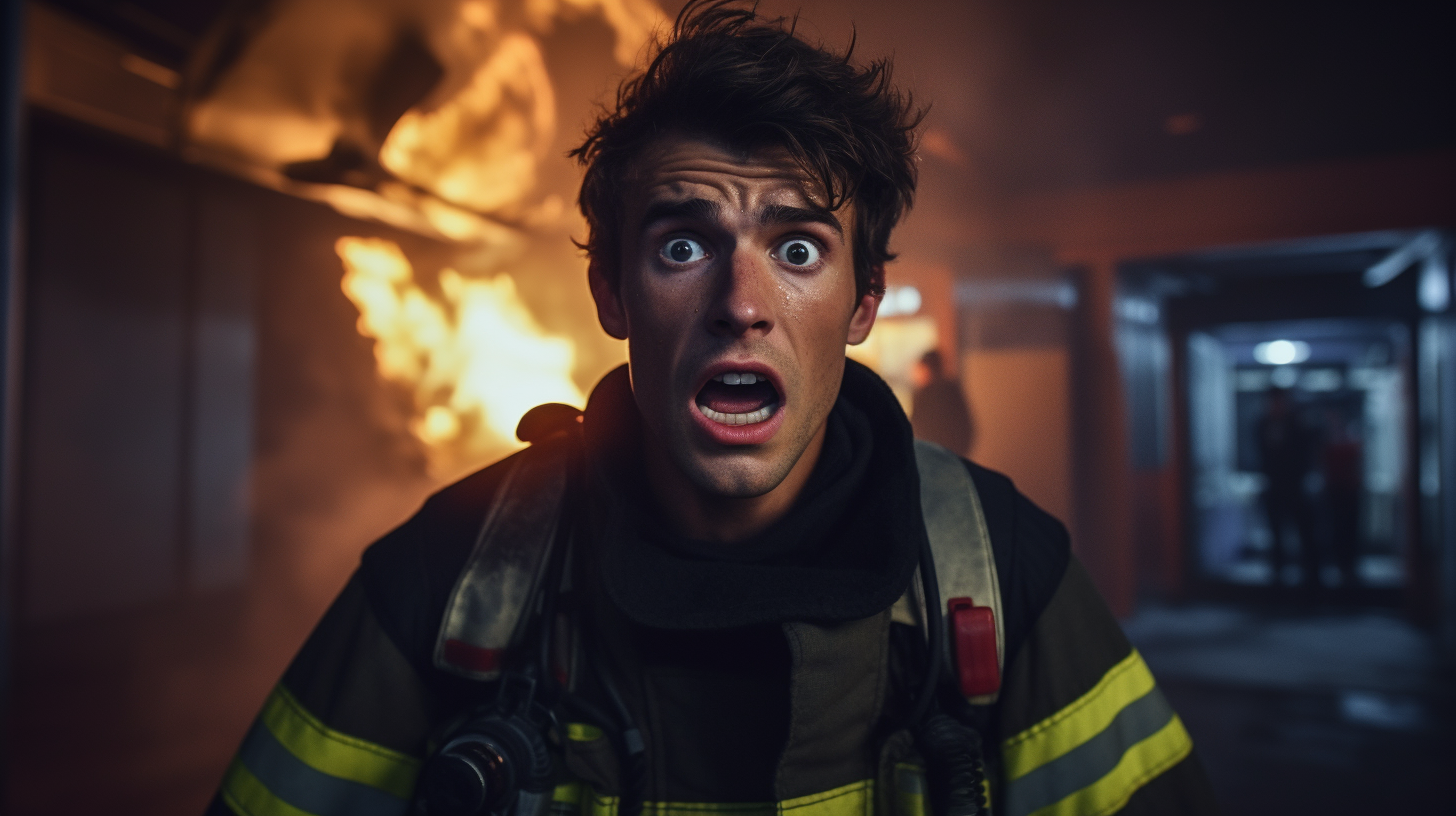 Male firefighter experiencing shock and realization