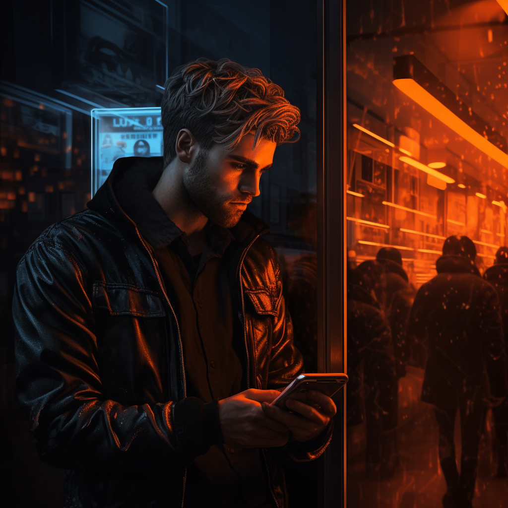 Male guest using phone in front of nightclub window