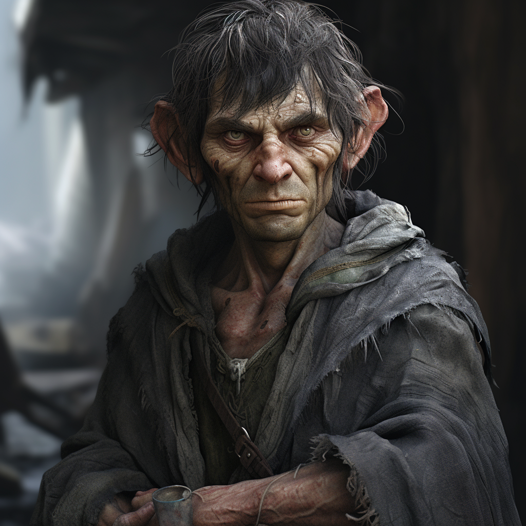 Scrappy-clothed male half-elf with goblins