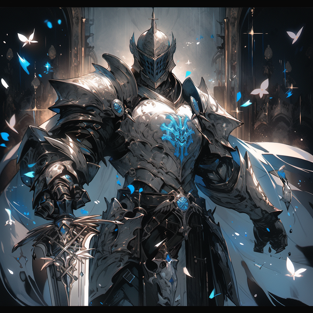 Male knight with crystal shield in whimsical setting