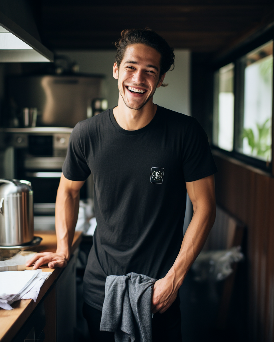 Smiling male model in black t-shirt