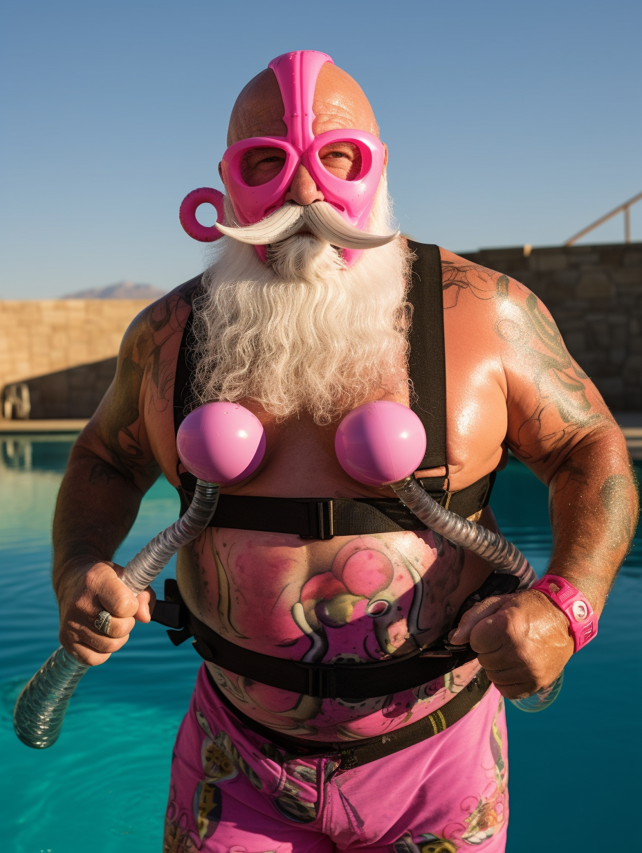 Muscular male bodybuilder with pink snorkel and mask