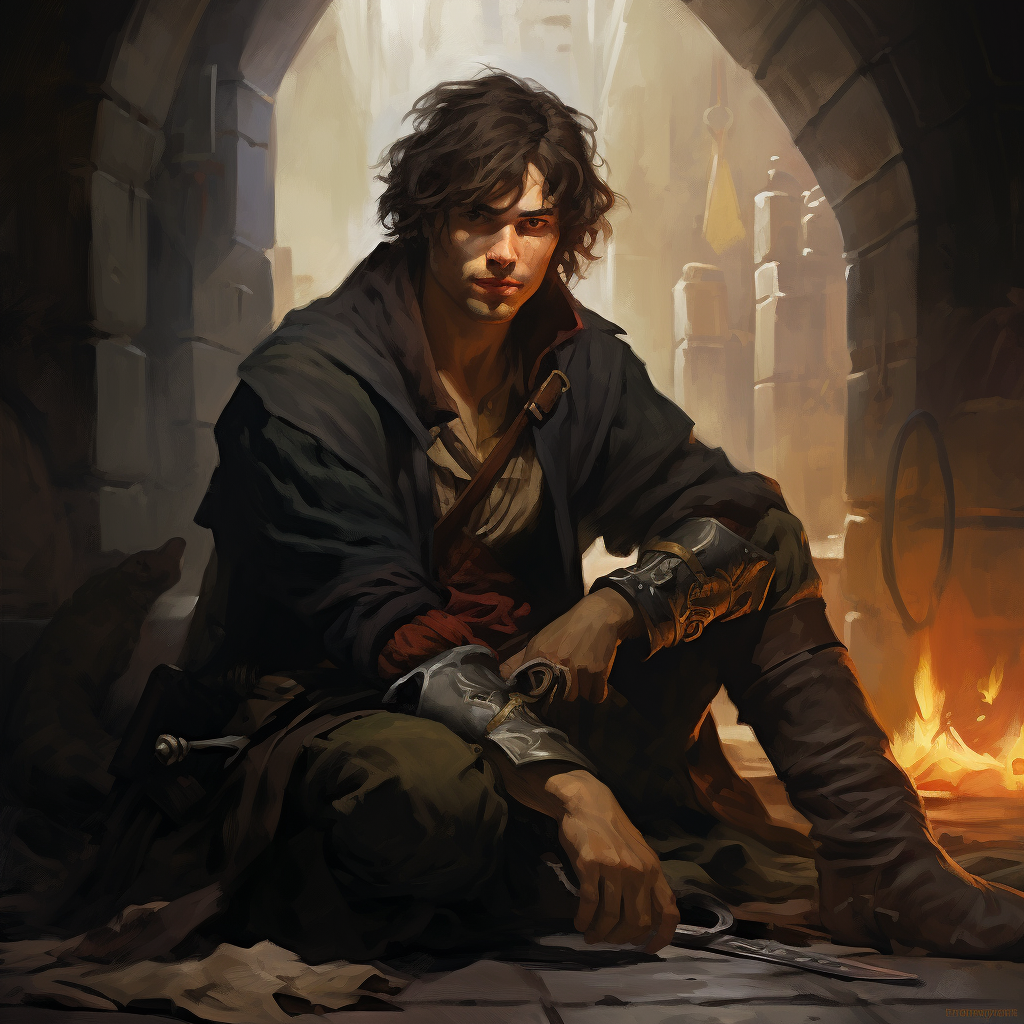 Handsome male rogue crouching with dagger