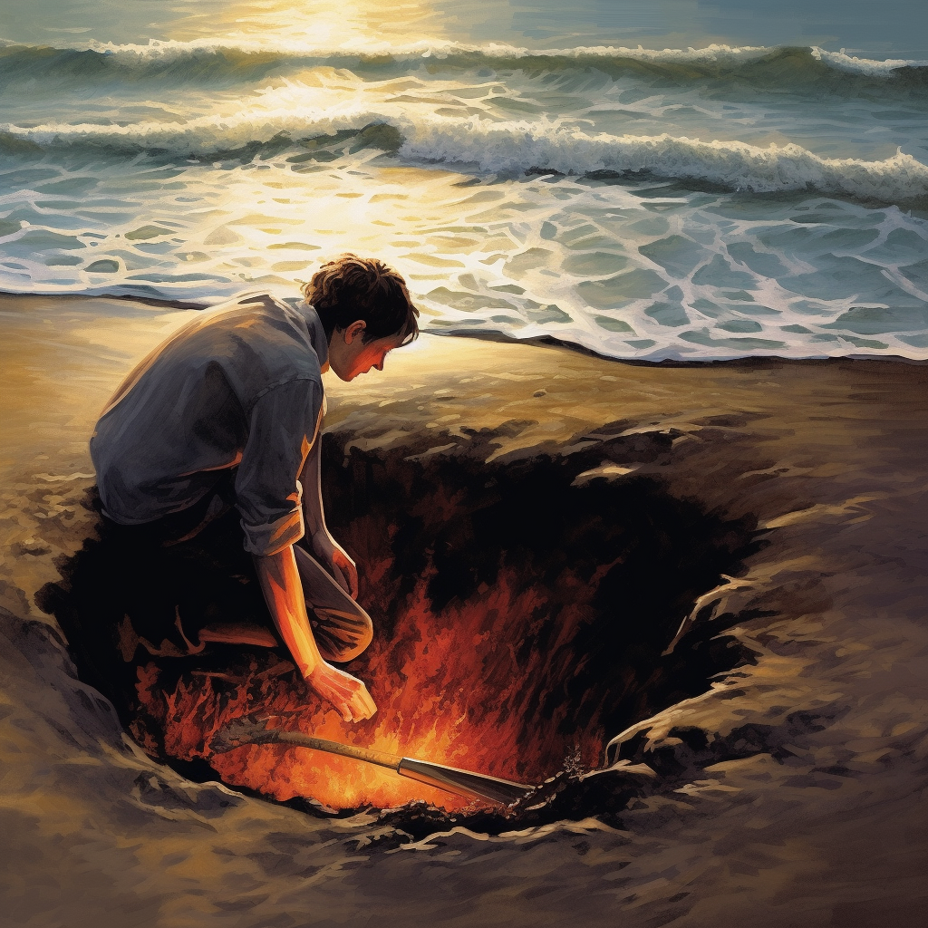 Sunburned male student digging hole on beach with waves